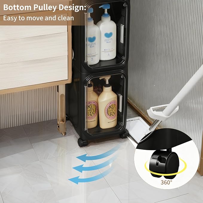 LXLXXL 5-Tier Narrow Storage Cabinet Slim Bathroom Storage Cabinet with Movable Wheels Tall Bathroom Organizer Skinny Cabinet for Small Spaces, Black