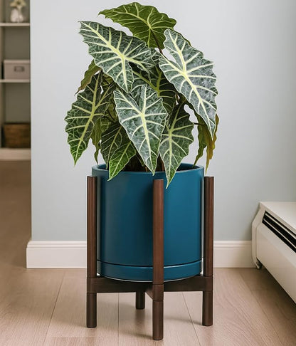 D'vine Dev Ceramic Planter with Walnut Color Stand - 12 Inch Modern Round Flower Pot with Wood Planter Holder, Teal, 55-B-W-4