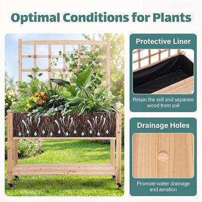 HAPPYGRILL Wooden Raised Garden Bed with Trellis, 65'' Elevated Planter Box w/Legs on Wheels, Liner & Drainage Holes for Climbing Plant Vegetable Flower, Outdoor Garden Box for Backyard Balcony (1)