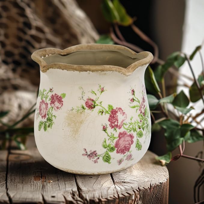 Dosayes Rustic Ceramic Planter, 6 Inch Tuscan Vintage Flower Pot with Drainage, Farmhouse Garden Pot for Indoor Plants, Kitchen & Garden Tuscan Decor, Plant Lover Gift (Pink)
