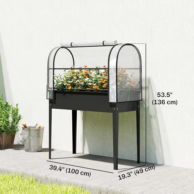 Outsunny Raised Garden Bed with Flip-Up Greenhouse Cover, Metal Elevated Garden Bed with Legs and Drainage Hole, Outdoor Raised Planter Box for Vegetables Herbs Flowers, 39.4" x 19.3" x 53.5", Black
