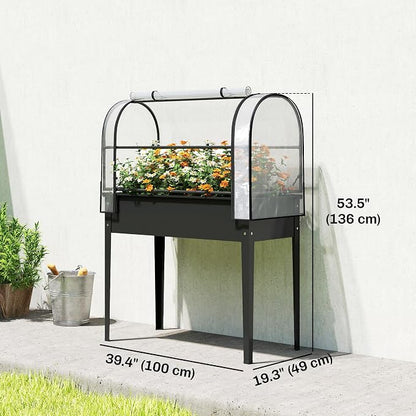 Outsunny Raised Garden Bed with Flip-Up Greenhouse Cover, Metal Elevated Garden Bed with Legs and Drainage Hole, Outdoor Raised Planter Box for Vegetables Herbs Flowers, 39.4" x 19.3" x 53.5", Black