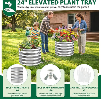 24" Diameter Round Raised Garden Bed - 17 Inch Tall, Heavy-Duty Galvanized Steel Planter Box with Wave-Shaped Panels for Vegetables, Herbs & Flowers (2, Silver, 24 Inch Diameter)