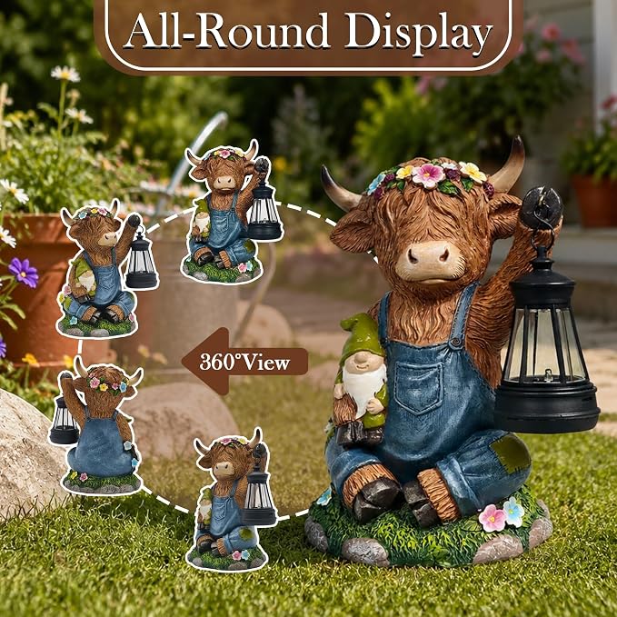 Solar Highland Cow Statue with LED Light - 6.6" Resin Scottish Cow Lantern Figurine, Farmhouse Animal Garden Decor for Pasture Patio Lawn Yard Outdoor Indoor, Housewarming Easter Gift for Women Mom