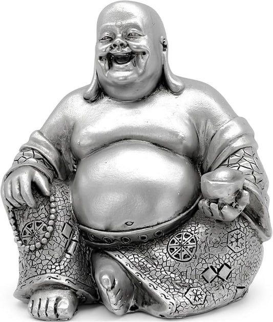Bellaa Laughing Buddha Statue - 6 Inch Feng Shui Happy Monk Budai Hotei Figurine for Wealth, Luck & Happiness - Chinese Buddhist Zen Decor Silver Finish Resin 25761