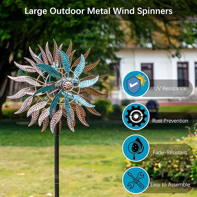 Large Outdoor Metal Wind Spinner,Two-Way Wind Sculptures,360 Degrees Kinetic Wind Spinners Yard Art Decor for Patio, Lawn & Garden 63 * 13.4 Inches