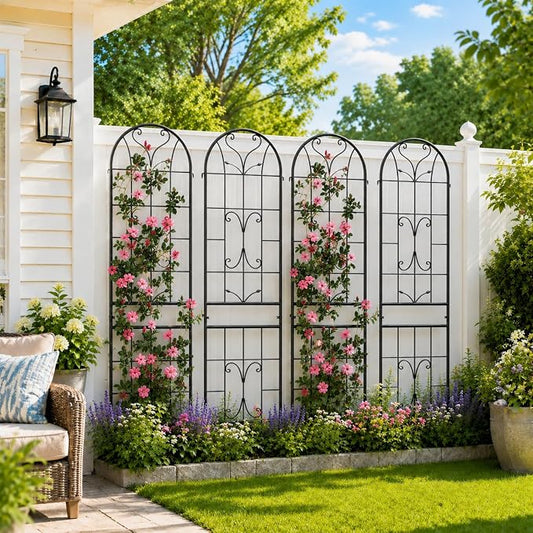 4-Pack 87" x 20" Ornate Scrollwork Arch Black Metal Garden Trellises | Set of 4 rust-resistant trellises with Ornate Scrollwork, arched tops, stakes, and support for roses, vines, or vegetables