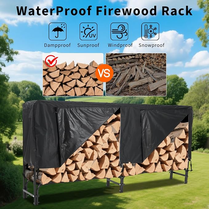 Firewood Rack with Waterproof Cover,8 Ft Outdoor Firewood Holder, Heavy Duty Log Wood Rack with Zipper,600Lb Max Weight Capacity, Full Covered, Powder-Coated Wood Storage Rack for Fireplace Deck