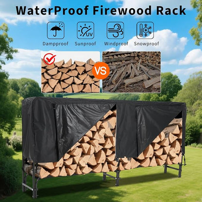 Firewood Rack with Waterproof Cover,8 Ft Outdoor Firewood Holder, Heavy Duty Log Wood Rack with Zipper,600Lb Max Weight Capacity, Full Covered, Powder-Coated Wood Storage Rack for Fireplace Deck