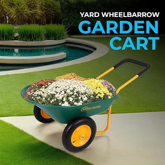 Simpli-Magic Premium Dual-Wheel Home Utility Yard Wheelbarrow Garden Cart w/Built-in Stand for Lawn, Gardening, Grass, Soil, Bricks, and Construction