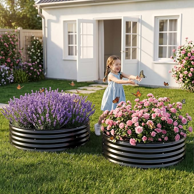 2 Pcs 4x4x1ft Round Galvanized Raised Garden Bed Outdoor, Metal Planter Box for Gardening, Raised Garden Beds for Vegetables Flowers Herbs - Grey