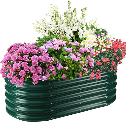TBMLC 17" Tall Elevated Oval Metal Raised Garden Bed - 4ft x 2ft in Size and 0.8MM Thick Durable Planter Bed/Box for Vegetables Flowers Succulent at Patio/Garden Outdoor (Dark Green, 4X2X1.4 FT)