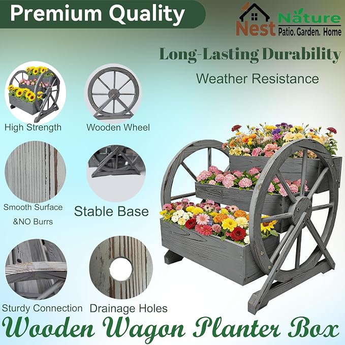 3 Tier Large Wooden Wagon Planter Box|Outdoor Planter/Flower Pot for Indoor&Outdoor Plants-Rustic Garden Planter for Patio,Porch&Garden Decor-Raised Garden Bed for Succulents,Herbs,Vegetables