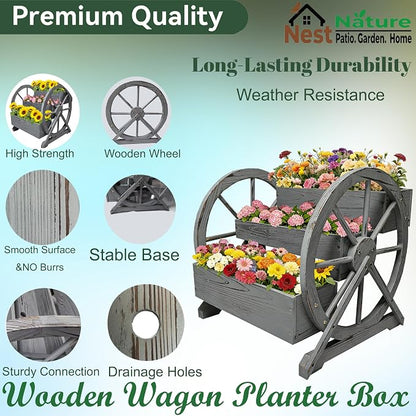 3 Tier Large Wooden Wagon Planter Box|Outdoor Planter/Flower Pot for Indoor&Outdoor Plants-Rustic Garden Planter for Patio,Porch&Garden Decor-Raised Garden Bed for Succulents,Herbs,Vegetables