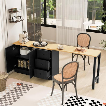 Merax 89.7'' Wood Buffet Sideboard with Extendable Table, Multifunctional Storage Cabinet with 2 Doors and 3 Drawers for Living Room,Study,Foyer and Kitchen Black + Natural