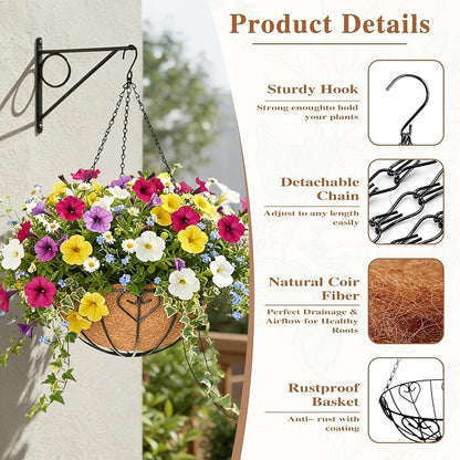 4 Pack Hanging Planter for Outdoor Plants 16 inch Metal Hanging Flower Basket with Coco Coir Liner Round Wire Plant Holder Chain Flower Pots Outdoor Garden Decoration Watering Hanging Baskets（AX）
