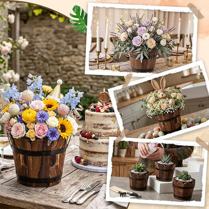 Max Shape Whiskey Barrel Planter, Rustic Wood Plant Pots with Removable Plastic Liner & Floral Foam, Planters for Wedding Table Centerpiece, Farmhouse Home Garden Kitchen Party 4.7x3.5x3.9 (6 Pack)