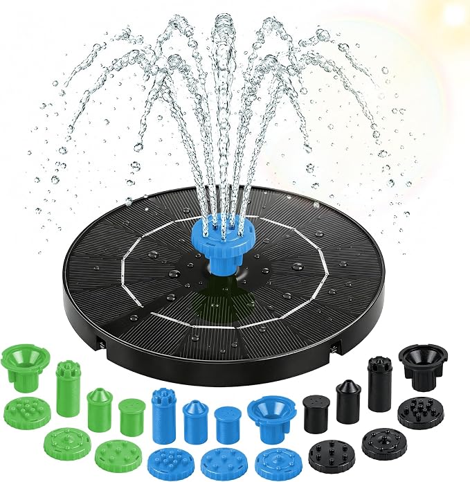 3.5W Solar Fountain Pump, Solar Bird Bath Fountain with 6 Green & 6 Black & 6 Blue Nozzles, Solar Water Pump for Outdoor Garden Patio Small Pond Fish Tank Landscape Decoration