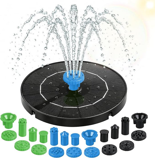 3.5W Solar Fountain Pump, Solar Bird Bath Fountain with 6 Green & 6 Black & 6 Blue Nozzles, Solar Water Pump for Outdoor Garden Patio Small Pond Fish Tank Landscape Decoration