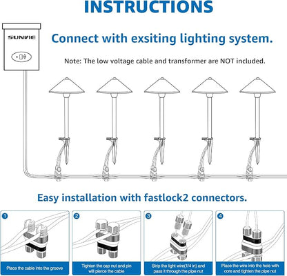 SUNVIE 8-Pack Low Voltage Landscape Pathway Lights 12-24V 3W LED Landscape Lighting 3000K Outdoor Pathway Lighting IP65 Waterproof Aluminum Wired Path Lights for Yard Garden Walkway, ETL Listed Cord