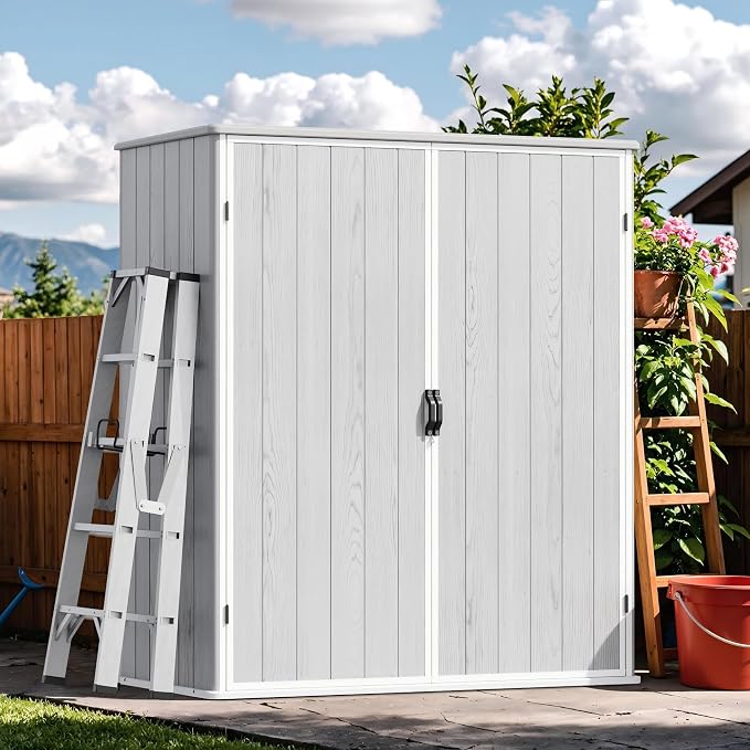 Devoko 5x3 Resin Outdoor Storage Shed with Floor, Waterproof Plastic Outdoor Tool Cabinet with Lockable Doors for Lawn Backyard Garden, Light Gray