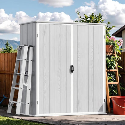 Devoko 5x3 Resin Outdoor Storage Shed with Floor, Waterproof Plastic Outdoor Tool Cabinet with Lockable Doors for Lawn Backyard Garden, Light Gray