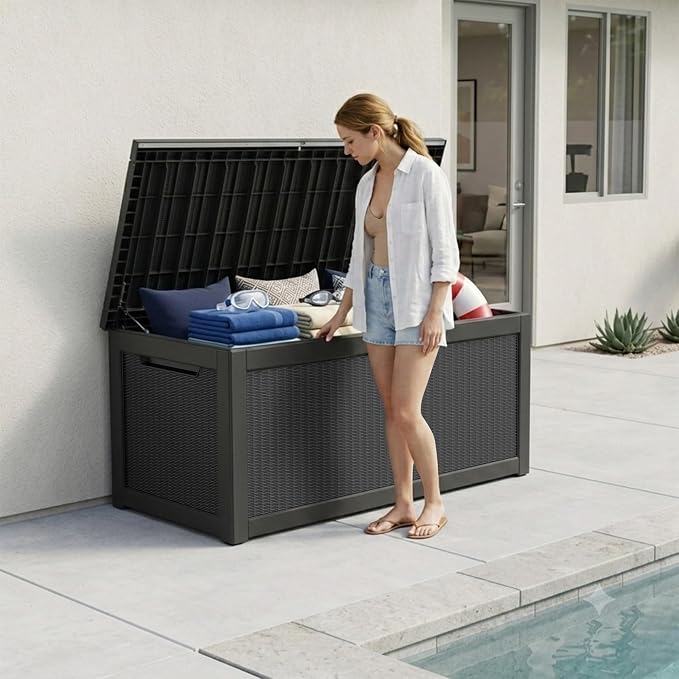 Outdoor Storage Box, 320 Gallon Waterproof Deck Box [Upgraded 3.0], Dual Gas-Spring Ultimate Resin Organizer for King Cushions, Heavy-Duty Lockable Estate Storage Bench, Backyard BBQ, Black