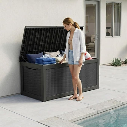 Outdoor Storage Box, 320 Gallon Waterproof Deck Box [Upgraded 3.0], Dual Gas-Spring Ultimate Resin Organizer for King Cushions, Heavy-Duty Lockable Estate Storage Bench, Backyard BBQ, Black