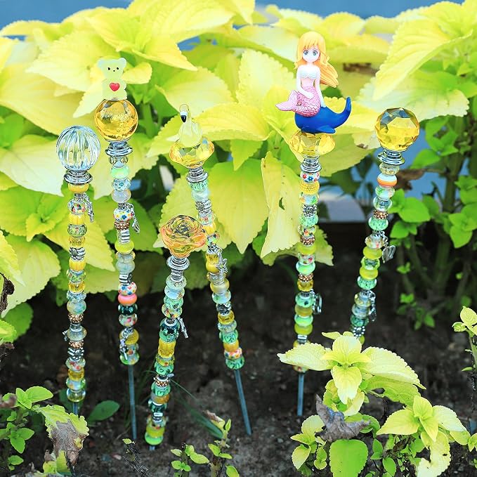 AIPRIDY DIY Crystal Beaded Fairy Wand Garden Stakes Kit, Colorful Decorative Wands with Assembly Guide, 12 or 10 Inch Threaded Rods,Outdoor Garden Decoration Set (158, Lenmon+Hybrid Top)