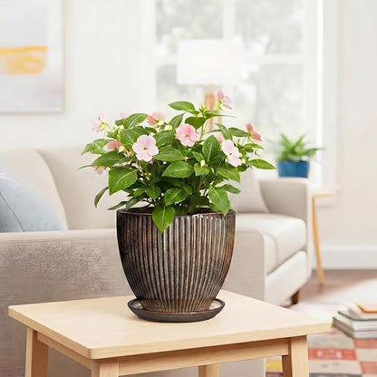 Ceramic Planter, 8 Inch Plant Pots for Indoor Plants, Round Planter with Drainage Hole and Saucer, Modern Decorative Flower Pots, House Office Decor, Gifts for Plant Lovers, Retro Brown