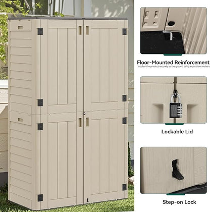 YITAHOME 60 cu ft Tall Outdoor Storage Shed w/o Shelf, Resin Vertical Outdoor Storage Shed, Large Waterproof Storage Cabinet for Garage, Poolside, and Garden (Khaki + Black)