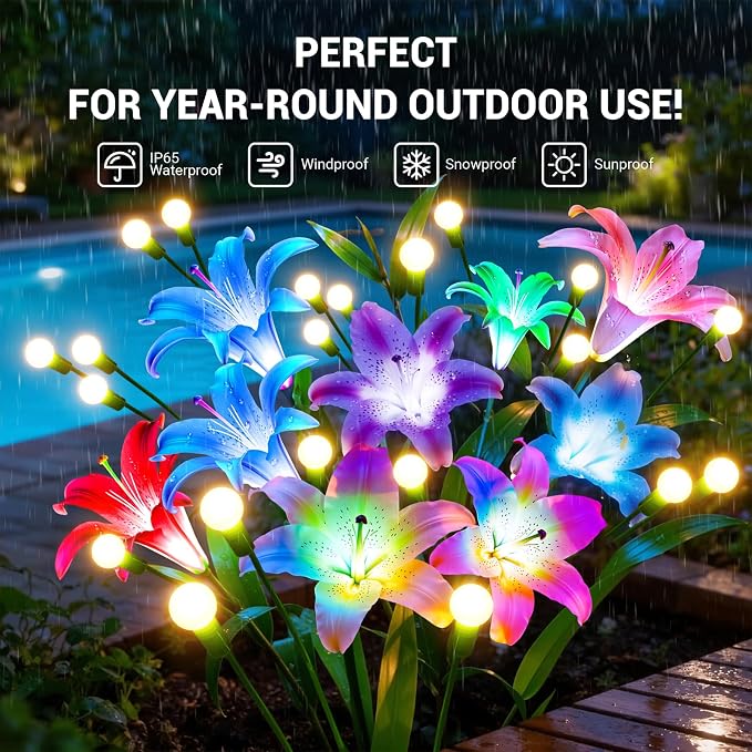 Solar Garden Lights Outdoor Flower Light 8 Pack: 48 Solar Firefly Lights with 24 Head 7-Color Changing Lily, Waterproof Decorative Light for Yard Patio Flower Bed, Gifts for Women