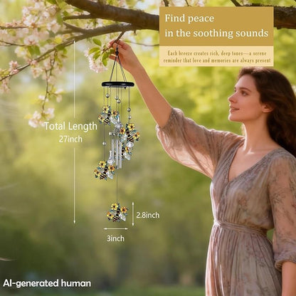 27'' Memorial Bee Wind Chimes with Crystals for Outside,Garden Patio Decor | Sympathy & Memorial Gift,Handcrafted Bee Design,Durable Indoor/Outdoor Decor,Thoughtful Gift for Mom/Grandma,Easy-to-Hang