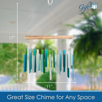 Ocean Blue Sea Glass Driftwood Wind Chime, Handcrafted Coastal, 15 Inch | Ocean Blue Glass; Driftwood Accent; Coastal Patio Decor; Handcrafted Wind Chime
