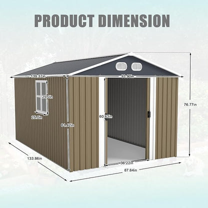 KEIKI 8x12 FT Outdoor Storage Shed, Heavy Duty Metal Garden Shed with Lockable Sliding Doors, Air Vents & Sloped Roof, Waterproof Backyard Tool Shed for Lawn Equipment, Patio Furniture, Brown