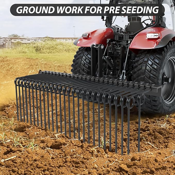 Garvee 60 Inch 3 Point Tractor Rake, Pine Straw Needle Rake, Durable Powder Coated Steel Spring Landscape Rakes Fit for Cat0,Cat1,Black