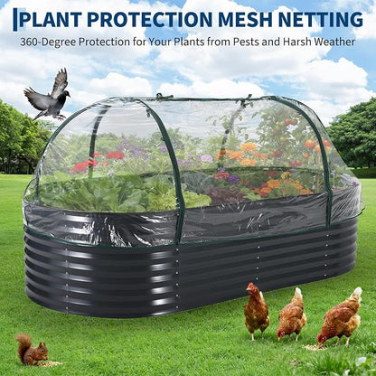Garvee Galvanized Raised Garden Bed Large Oval Kit with Cover Zippered Screen Doors, Open Base Design, Thick Steel, Easy Assembly, Planter Box for Vegetables, Flowers (Grey, 8x4x2 ft)