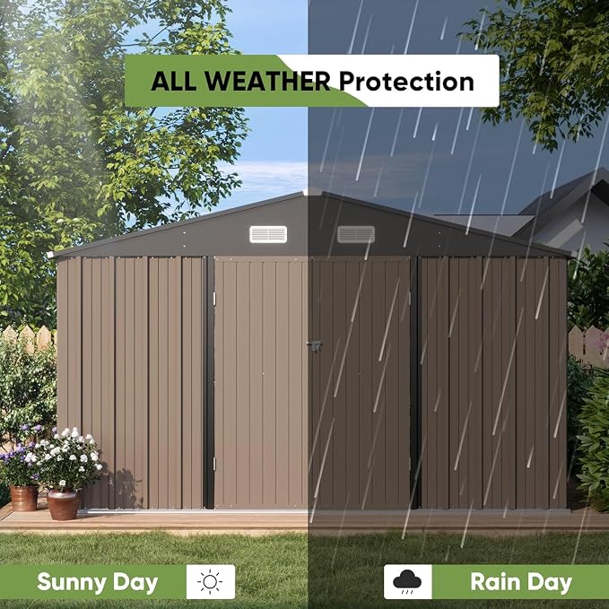 Greesum 10 x 10 FT Metal Outdoor Storage Shed, Brown | Waterproof Weather Resistant Utility Tool House with Lockable Door for Patio, Garden & Lawn Storage