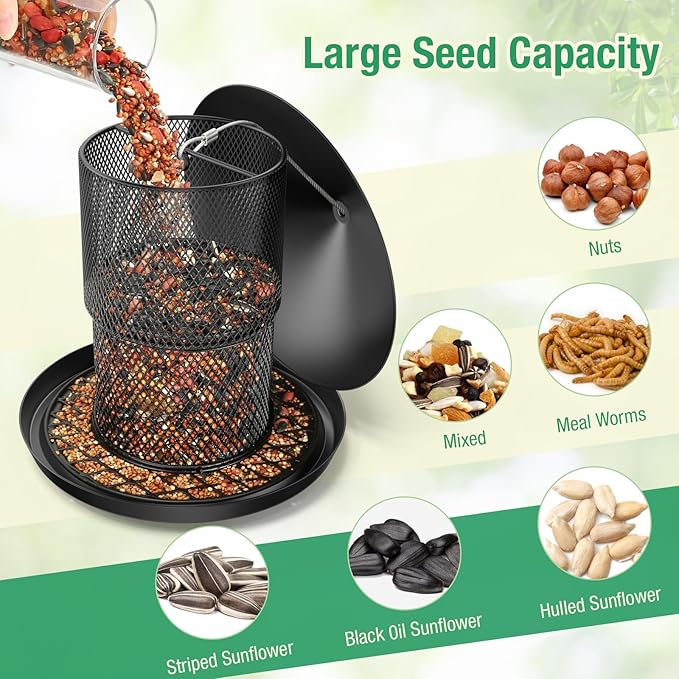 Bird Feeder for Outdoor Hanging, No Mess No Spill and Squirrel Proof Feeder | Squirrel Proof Bird Feeder with Catch Tray - Large Capacity All-Metal for Outside Hanging