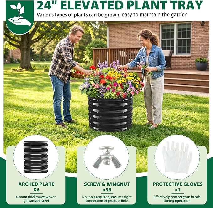 24" Diameter Round Raised Garden Bed - 17 Inch Tall, Heavy-Duty Galvanized Steel Planter Box with Wave-Shaped Panels for Vegetables, Herbs & Flowers (1, Black, 24 Inch Diameter)