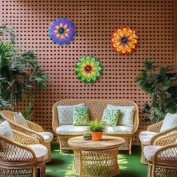 AHYS Metal Flowers Wall Decor Indoor Outdoor Metal Wall Art for Home Farmhouse Living Room Bedroom Bathroom Garden Decorations - Red & Yellow