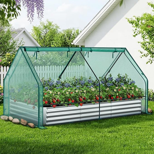 Ohuhu Raised Garden Bed with Cover Outdoor, 8x4x1 FT Galvanized Metal Planter Box with PE Greenhouse Cover, 4 Doors for Ventilation, 3-in-1 Gardening Set for Vegetable Flower Herb Succulent