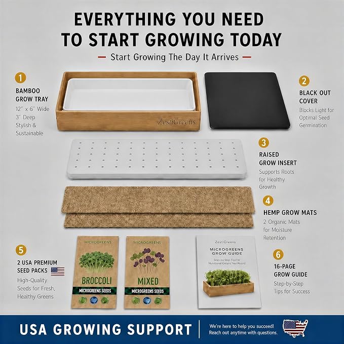Organic Self-Watering Microgreens Growing Kit – Reusable Indoor Grow Tray with Organic Seeds, Grow Mats & Bamboo Frame – Easy No-Soil Microgreens Starter Kit (Broccoli & Salad Mix)