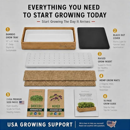 Organic Self-Watering Microgreens Growing Kit – Reusable Indoor Grow Tray with Organic Seeds, Grow Mats & Bamboo Frame – Easy No-Soil Microgreens Starter Kit (Broccoli & Salad Mix)
