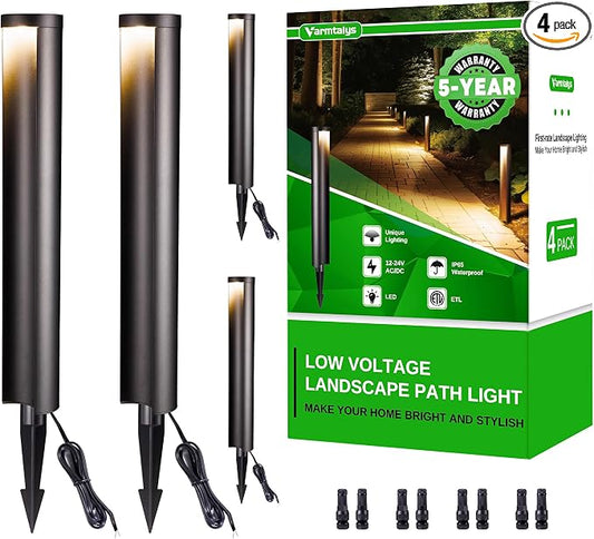 Low Voltage Pathway Lights, LED Landscape Path Lights, Outdoor Waterproof IP65, Wired Black Aluminum, 5W 200LM for Walkway Sidewalk 4 Pack