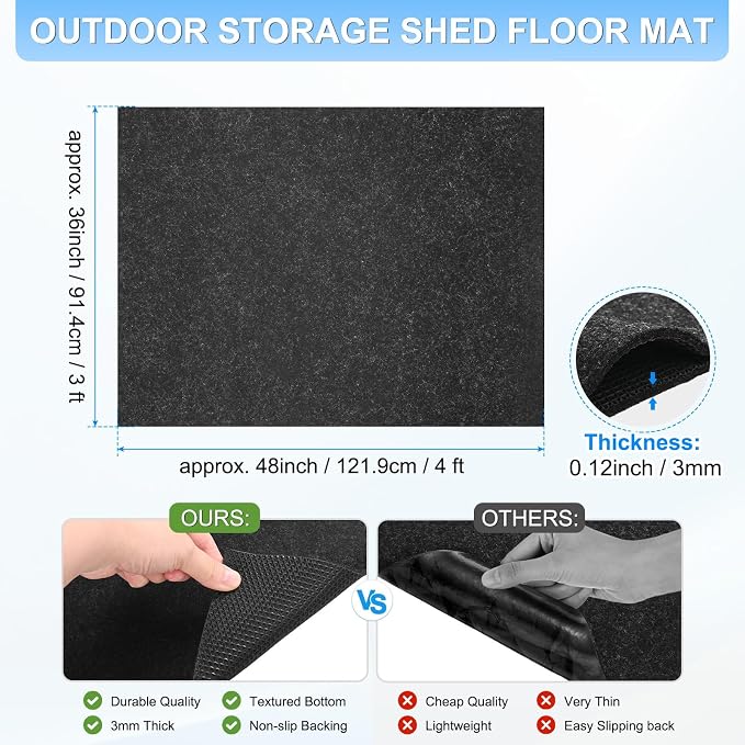M METERXITY 3 mm Thickened Outdoor Storage Shed Mat, 3x4 ft Waterproof Shed Flooring Mat for Patio Furniture Floor Protecting from Wear/Liquid/Dust/Oil, Non-Slip Felt Rubber Rug Pad [Grey]