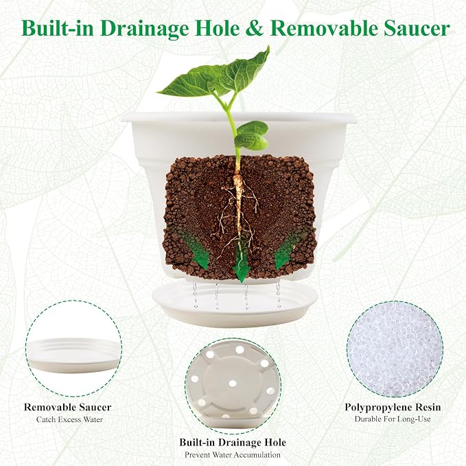Pottiffe 8 Inch Plastic-Flower Pot-for-Indoor Plants, 4 Pack Large Outdoor Planter Pot with Drainage Holes & Saucers, Resin Decorative Garden Pots Planters