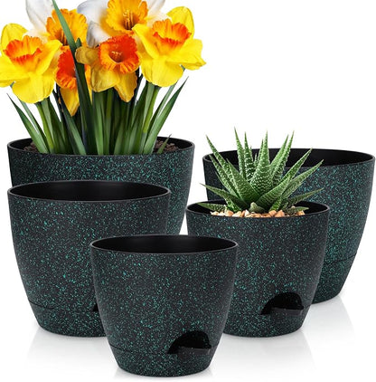 YNNICO Plant Pots 10/9/8/7.5/7 inch, Self Watering Planters with Drainage Holes & Saucers for Indoor and Outdoor Plants (Green Speckles)