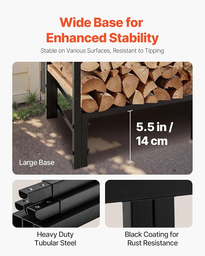VEVOR Firewood Rack with Waterproof Cover, 4 ft Outdoor Firewood Holder, 1/4 Cord Storage Metal Log Holder, 400lb Max Weight Capacity, Top Covered, Powder-Coated Wood Storage Rack for Fireplace Deck