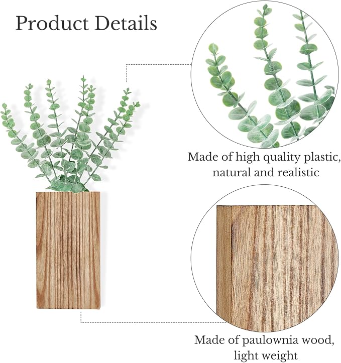 Dahey 2 Pack Wood Wall Planter Vase with Artificial Eucalyptus Farmhouse Wall Hanging Decor Pocket Planter for Indoor Fake Plants Greenery Flowers, livingroom Bedroom Kitchen Home Office Decoration